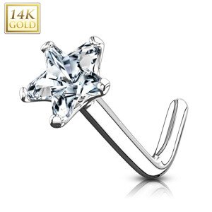 Piercing do nosu z bílého 14K zlata - zahnutý, čirá zirkonová hvězda, 0,8 mm