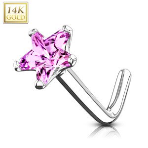 Piercing do nosu z bílého 14K zlata - zahnutý tvar, růžová zirkonová hvězda, 0,8 mm