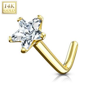 Piercing do nosu ze žlutého 14K zlata - zahnutý, čirý hvězdičkový zirkon, 0,8 mm