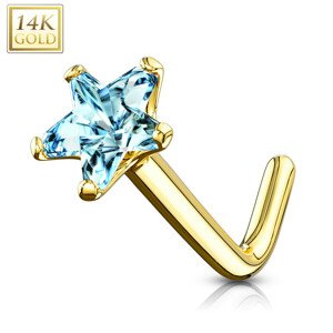 Piercing do nosu ze žlutého 14K zlata - zahnutý, světle modrý hvězdičkový zirkon, 0,8 mm