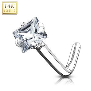 Piercing do nosu z bílého 14K zlata - zahnutý, čirý čtvercový zirkon, 0,8 mm