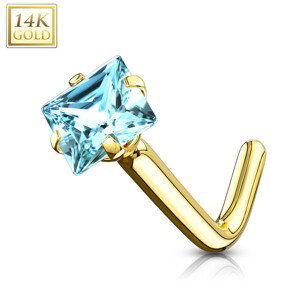 Piercing do nosu ze žlutého 14K zlata - zahnutý, světle modrý čtvercový zirkon, 0,8 mm