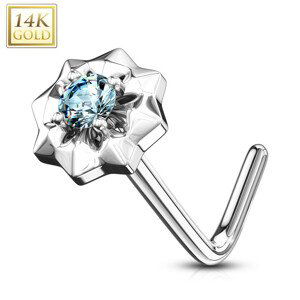 Piercing do nosu z bílého 14K zlata - zahnutý, drobný světle modrý zirkon, hvězdička, 0,8 mm