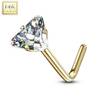 Zahnutý piercing do nosu ze žlutého 14K zlata - trojúhelníkový zirkon, čirá barva, 0,8 mm