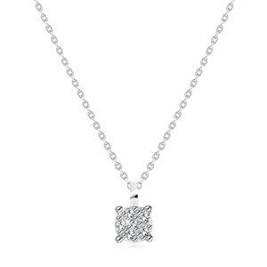 Briliantový náhrdelník z bílého 9K zlata - čtvercový kotlík, kulaté čiré diamanty, tenký řetízek