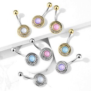 Piercing do pupíku z oceli - vypouklý kruh s čirými krystaly a barevným epoxidovým kamenem, různé barvy - Barva piercing: Stříbrná - fialová