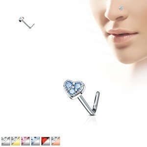 Zahnutý piercing do nosu z oceli – srdce zdobené zirkony, různé barvy - Barva zirkonu: Stříbrná - růžová