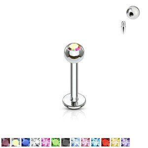 Piercing do brady z oceli - kuličkové zakončení s třpytivým zirkonem - Rozměr: 1,6 mm x 8 mm x 3 mm, Barva zirkonu: Růžová - P