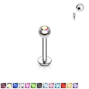 Piercing do brady z oceli - kuličkové zakončení s třpytivým zirkonem - Rozměr: 1,6 mm x 8 mm x 3 mm, Barva zirkonu: Světlá zelená - G