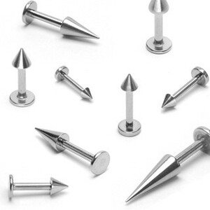 Labret z chirurgické oceli - jednoduchý hrot stříbrné barvy, tloušťka 1,6 mm - Rozměr: 8 mm x 3x3 mm