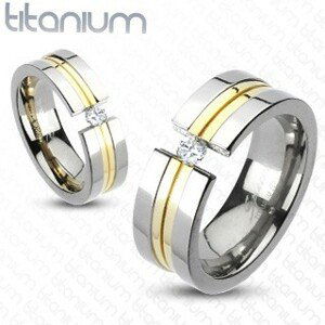 Prsten z titanu - dva zlaté pásy, zirkon - Velikost: 58