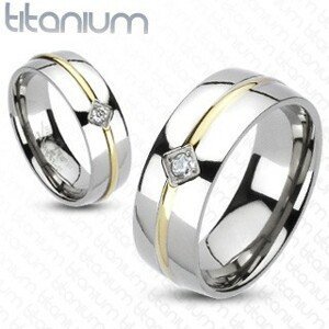 Titanový prsten - zlatý pásek, zirkon - Velikost: 70