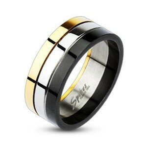 Lesklý tříbarevný prsten z oceli - Velikost: 66