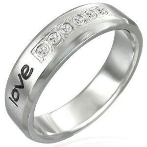 Ocelový prsten - nápis "love", šest zirkonů - Velikost: 58