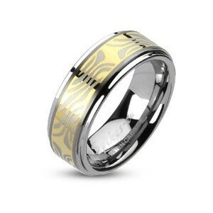 Wolframový prsten s pruhem zlaté barvy a zebřím motivem - Velikost: 70