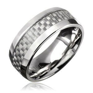 Prsten z oceli - obroučka, bílý karbonový pás - Velikost: 67
