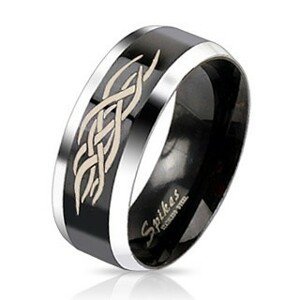 Ocelový prsten - černý pás s ornamentem - Velikost: 70