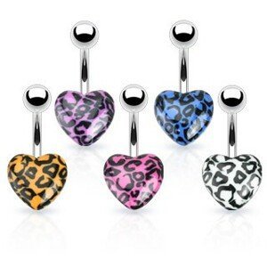 Piercing do pupíku z oceli - barevné srdce s leopardím vzorem - Barva piercing: Fialová