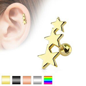 Piercing do tragu z chirurgické oceli - tři spojené hvězdy, kulička, různé barvy - Barva piercing: Zlatá