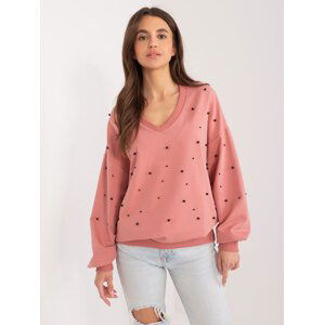 RŮŽOVÁ OVERSIZE MIKINA S VÝSTŘIHEM A APLIKACÍ FA-BL-9369.73-PINK Velikost: ONE SIZE