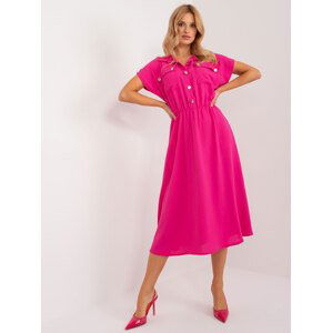 TMAVĚ RŮŽOVÉ MIDI ŠATY NA KNOFLÍKY S KAPSAMI A LÍMEČKEM DHJ-SK-19002.31-DARK PINK Velikost: ONE SIZE