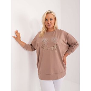 TMAVĚ BÉŽOVÁ HALENKA S APLIKACÍ KVĚTIN A KAMÍNKŮ -RV-BZ-9395.13X-DARK BEIGE Velikost: ONE SIZE