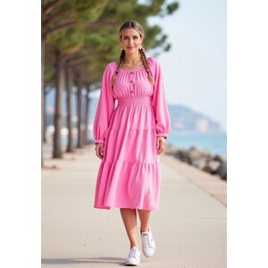 Růžové dámské midi šaty s odhalenými rameny M1169 Pink Velikost: ONE SIZE