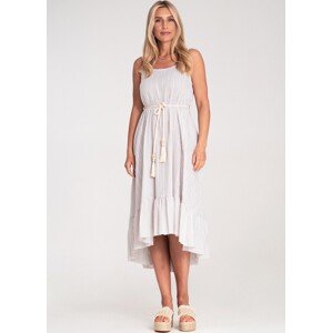 Dámské světle béžové bavlněné šaty s proužky a třásněmi M1213 Beige Velikost: ONE SIZE