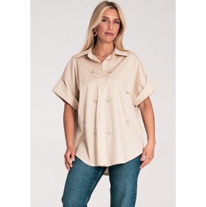 Béžová dámská oversize košile s krátkým rukávem M1226 Beige Velikost: L/XL