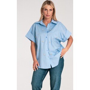 Světle modrá dámská oversize košile s krátkým rukávem M1226 Blue Velikost: L/XL