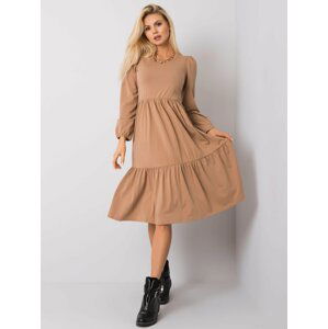 HNĚDÉ MIDI ŠATY S DLOUHÝM RUKÁVEM -RV-SK-5832.18X-CAMEL Velikost: L