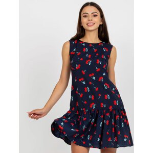 TMAVĚ MODRÉ ŠATY SE VZOREM TŘEŠNÍ -LK-SK-506962-1.63P-NAVY-CHERRY Velikost: 40