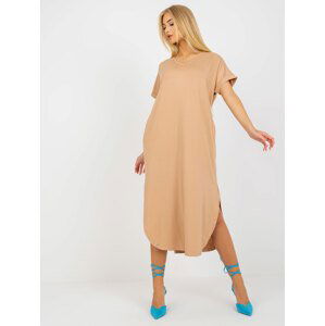 BÉŽOVÉ BAVLNĚNÉ OVERSIZE ŠATY S ROZPARKY -TW-SK-OB031.11-CAMEL Velikost: M