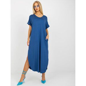 TMAVĚ MODRÉ BAVLNĚNÉ OVERSIZE ŠATY S ROZPARKY -TW-SK-OB031.11-DARK BLUE Velikost: S