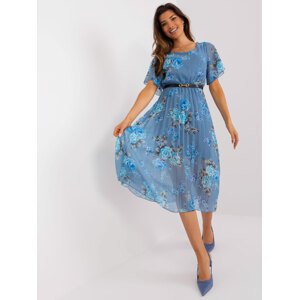 MODRÉ KVĚTOVANÉ MIDI ŠATY S PÁSKEM DHJ-SK-3171.65-BLUE Velikost: ONE SIZE