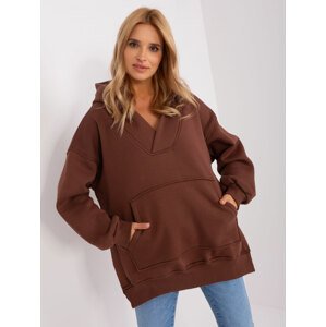 TMAVĚ HNĚDÁ MIKINA S KLOKANÍ KAPSOU, KAPUCÍ A ROZPARKY NA BOCÍCH EM-BL-788.16X-DARK BROWN Velikost: ONE SIZE