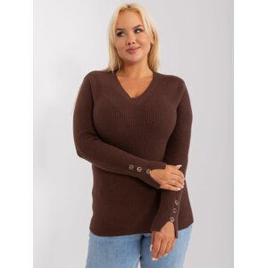 TMAVĚ HNĚDÝ ŽEBROVANÝ SVETR S VÝSTŘIHEM -PM-SW-PM-3770.30-DARK BROWN Velikost: L/XL