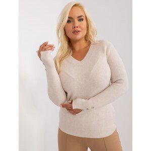 SVĚTLE BÉŽOVÝ ŽEBROVANÝ SVETR S VÝSTŘIHEM PM-SW-PM-3770.30-LIGHT BEIGE Velikost: XL/2XL