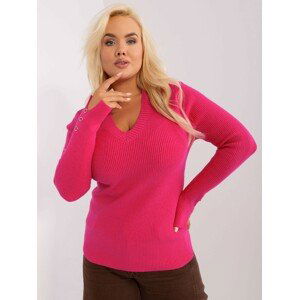 TMAVĚ RŮŽOVÝ ŽEBROVANÝ SVETR S VÝSTŘIHEM PM-SW-PM-3770.30-FUCHSIA Velikost: XL/2XL