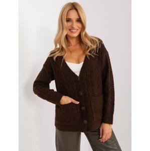 TMAVĚ HNĚDÝ PLETENÝ SVETR NA ROZEPÍNÁNÍ AT-SW-2358.31-DARK BROWN Velikost: ONE SIZE