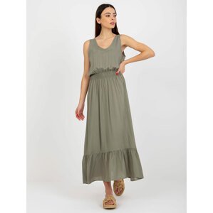 KHAKI MAXI ŠATY S VOLÁNEM A ELASTICKÝM PASEM D73761R30391A-KHAKI Velikost: XS