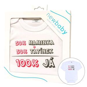 Body s potiskem New Baby 50% MAMINKA + 50% TATÍNEK - 100% JÁ růžové - dárkové balení, vel. 56 (0-3m)