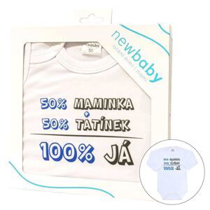 Body s potiskem New Baby 50% MAMINKA + 50% TATÍNEK - 100% JÁ modré - dárkové balení, vel. 56 (0-3m)