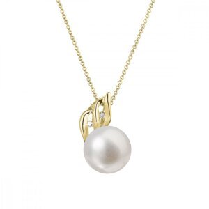 Zlatý 14 karátový náhrdelník s bílou říční perlou a brilianty 92PB00038,Zlatý 14 karátový náhrdelník s bílou říční perlou a brilianty 92PB00038