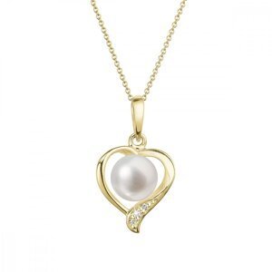 Zlatý 14 karátový náhrdelník srdce s bílou říční perlou a brilianty 92PB00049,Zlatý 14 karátový náhrdelník srdce s bílou říční perlou a brilianty 92PB
