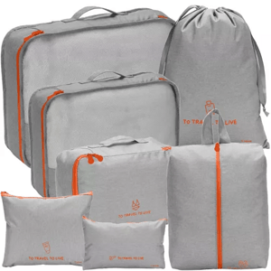 Trizand Cestovní organizér na kufr - 7 ks, šedá/oranžová, polyester/plast/silikon, různé rozměry