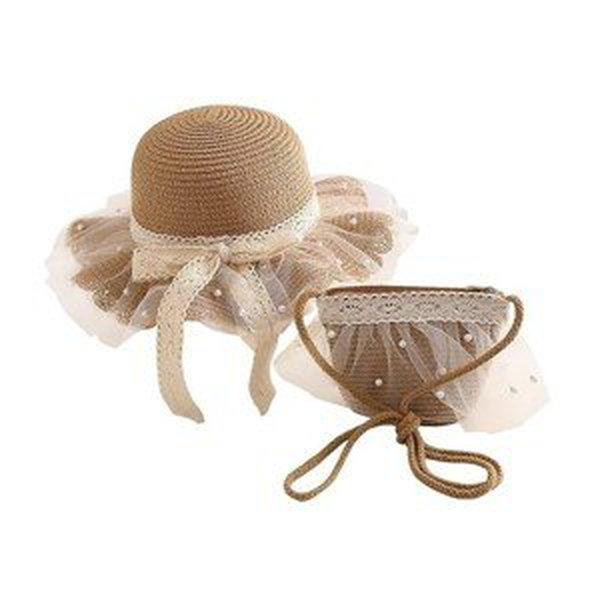 Flamenco Mystique Dětský slaměný klobouk a kabelka s perlemi, tyl, 52 cm