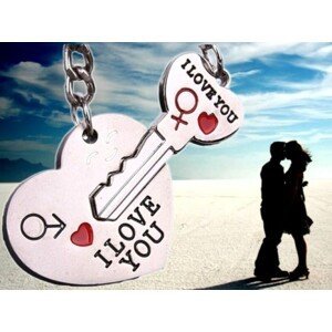 Dvojitý přívěsek na klíče "Miluji tě", stříbrný s barevnými prvky, 8-9 cm