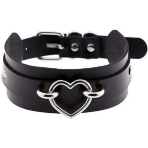Chokerový náhrdelník srdce, černý-stříbrný, kožený řemínek, 41 cm