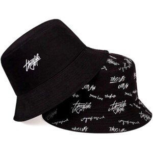 Oboustranný rybářský klobouk BUCKET HAT, černý s nápisy, polyester/bavlna, univerzální velikost 55-59 cm